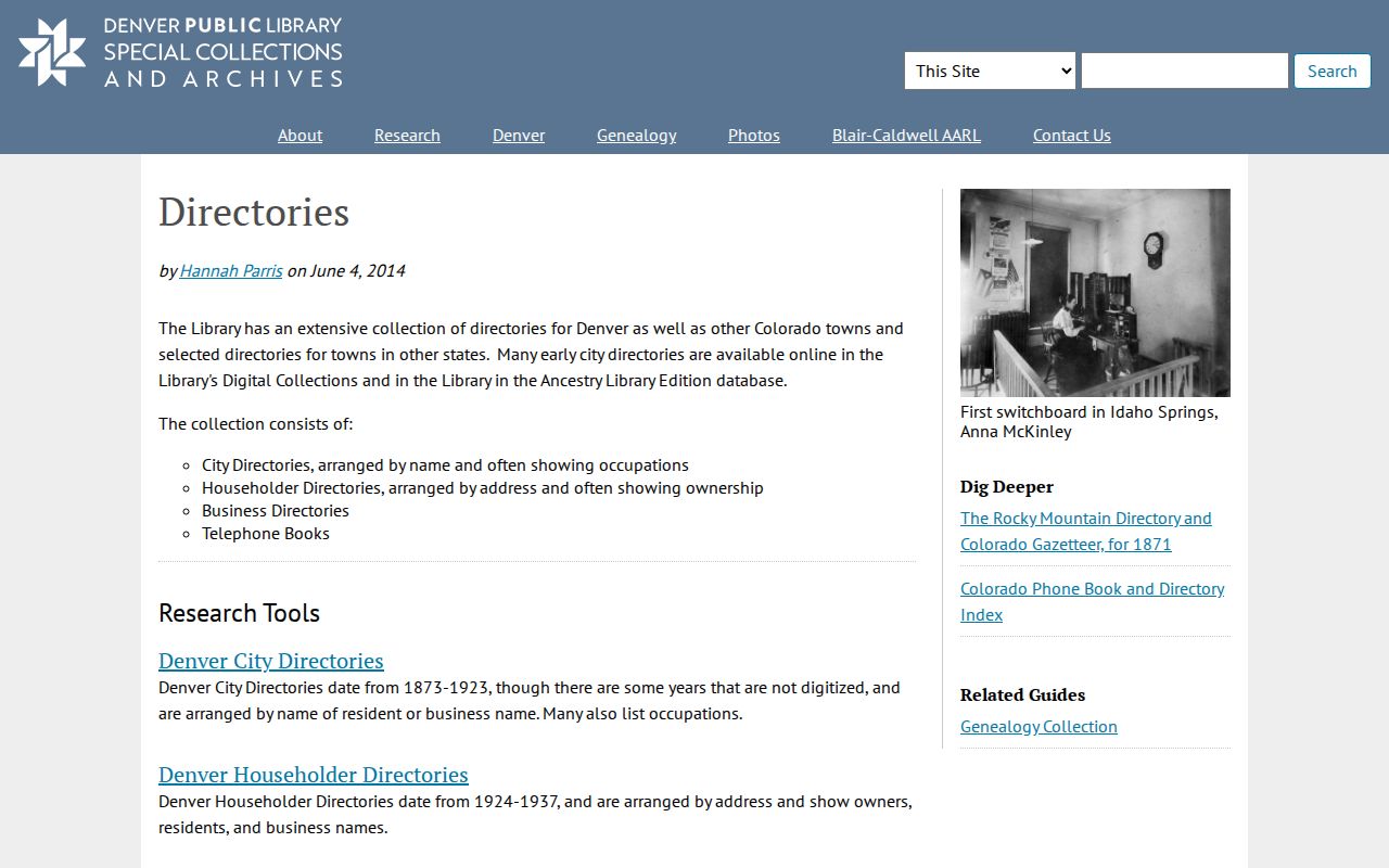 Centennial city directory reference to Denver Public Library directory collections