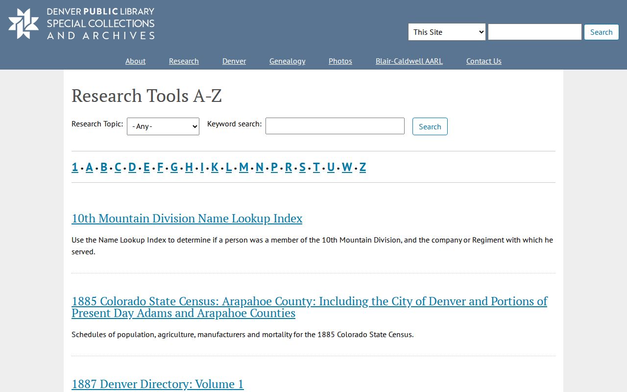 Centennial city directory reference to the Denver Public Library A-Z research guide