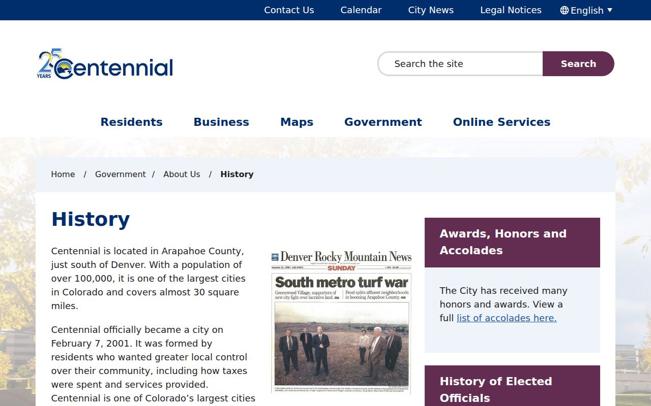 Centennial residents directory reference to city history