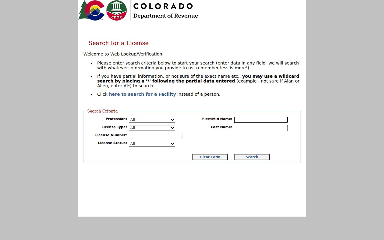 Centennial residents directory reference to Colorado DORA license verification