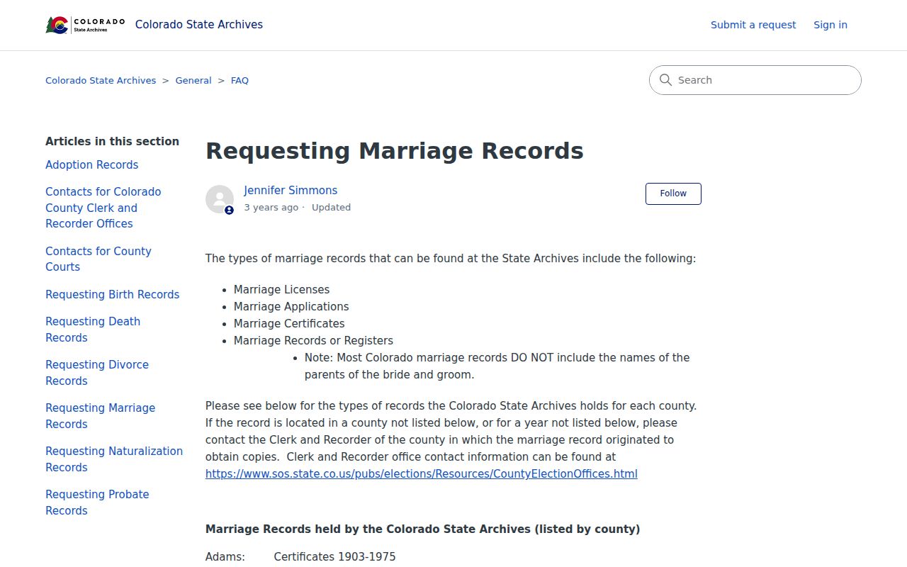 Centennial previous residents reference to Colorado State Archives marriage records