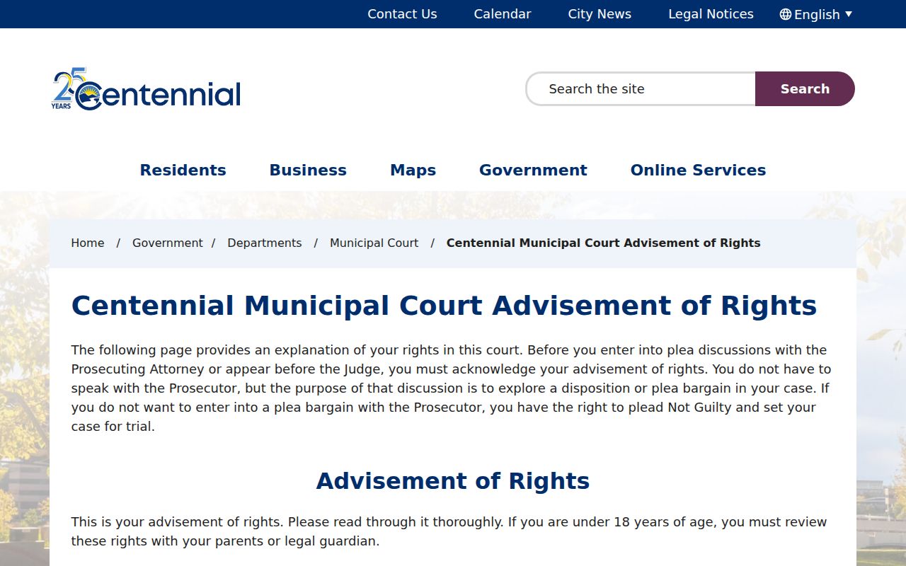 Centennial previous residents reference to municipal court advisement of rights