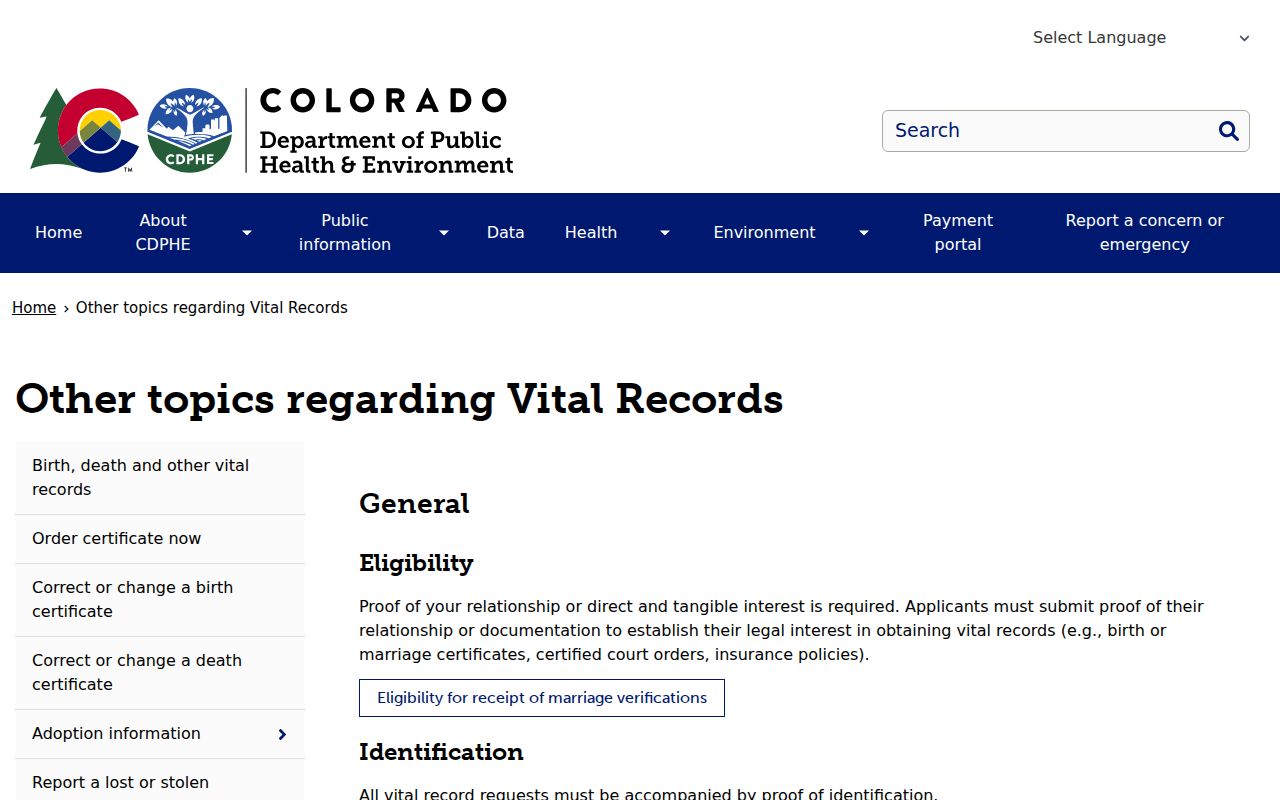 Centennial resident lookup reference to CDPHE other vital record requests