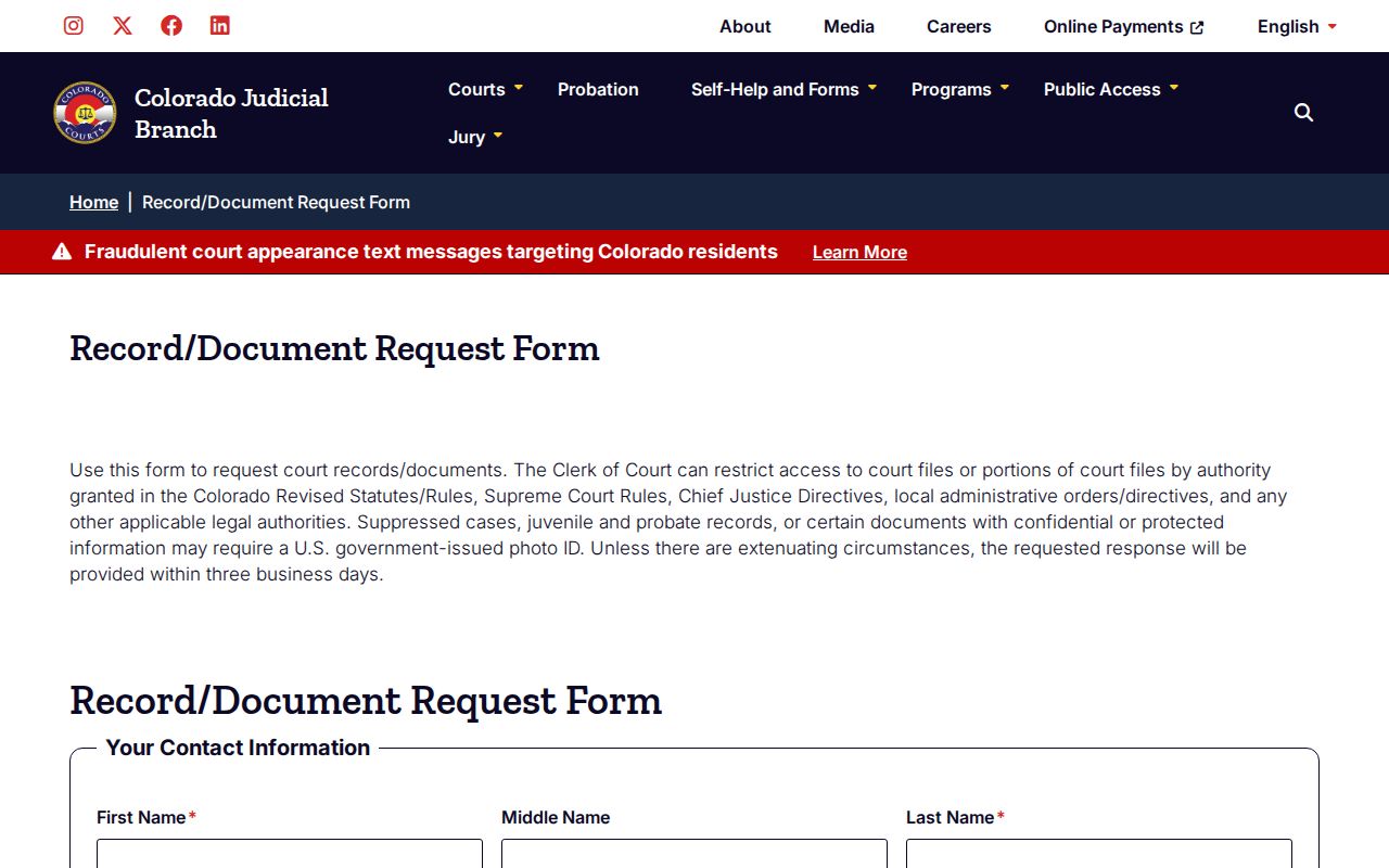 Centennial resident lookup reference to the Colorado Judicial record request form