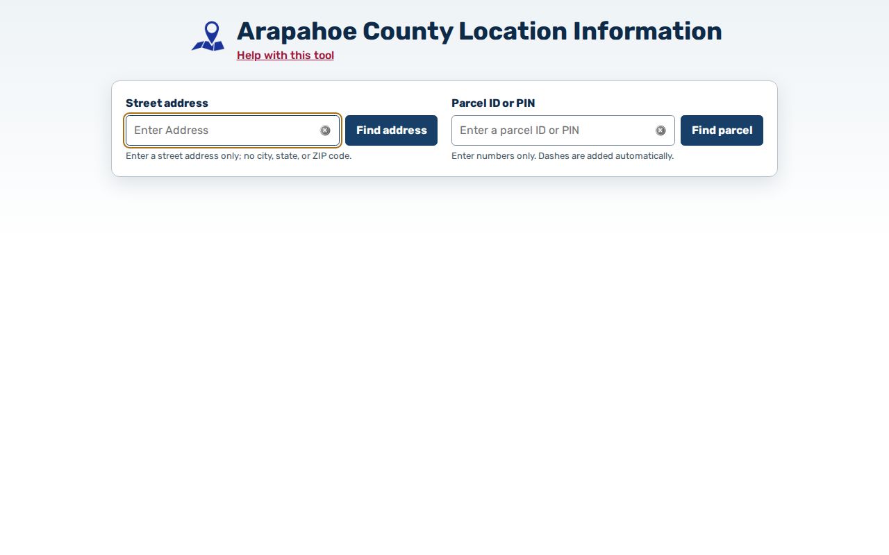 Centennial street directory reference to the Arapahoe address and parcel information tool
