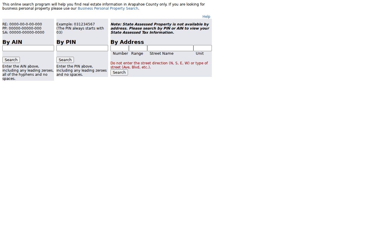 Centennial street directory reference to Arapahoe County Parcel Search