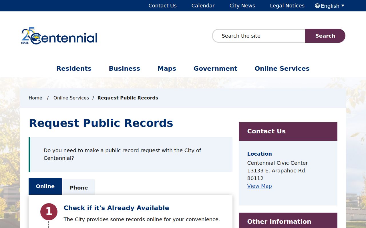 Centennial street directory reference to the city public records request route
